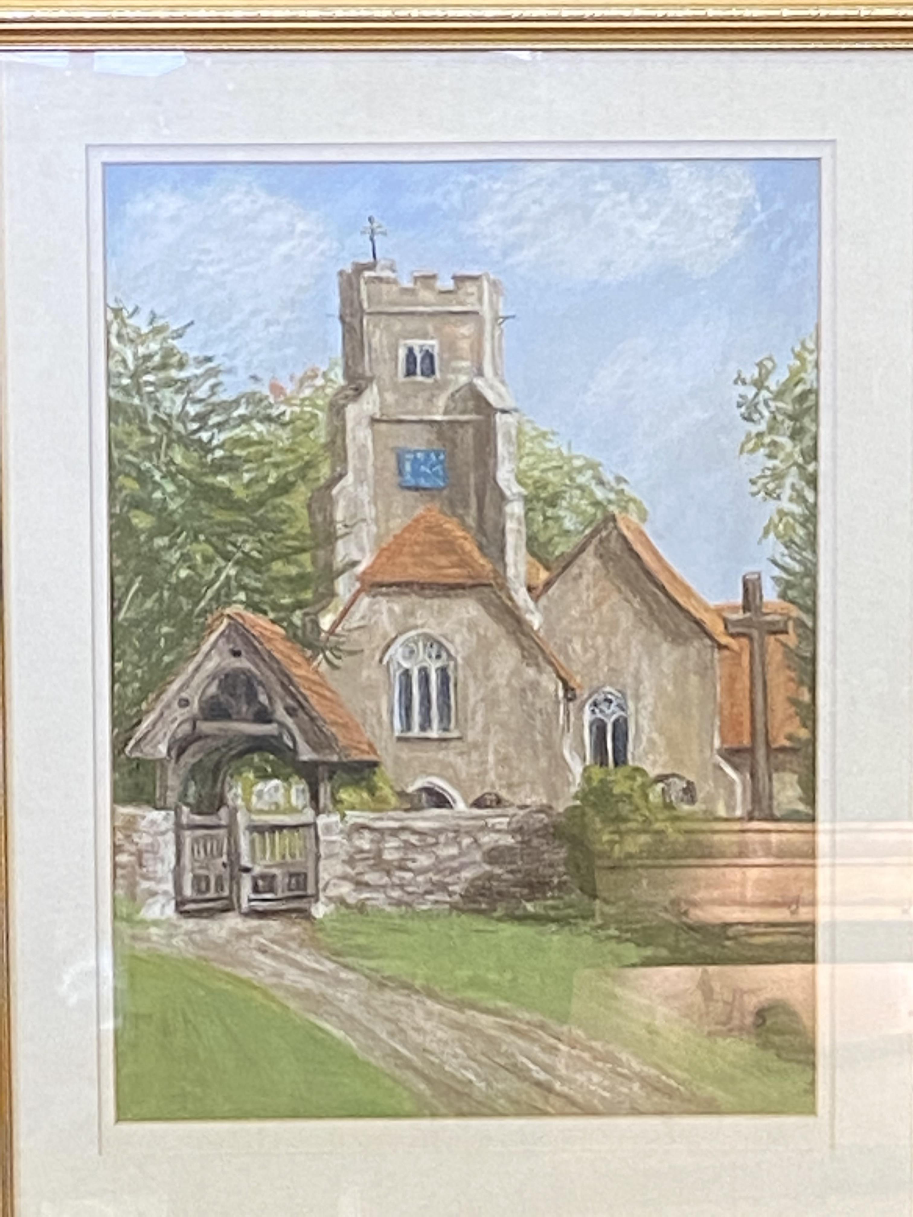 Framed and glazed pastel drawing of Boxley Church with a watercolour of a village street - Image 3 of 7