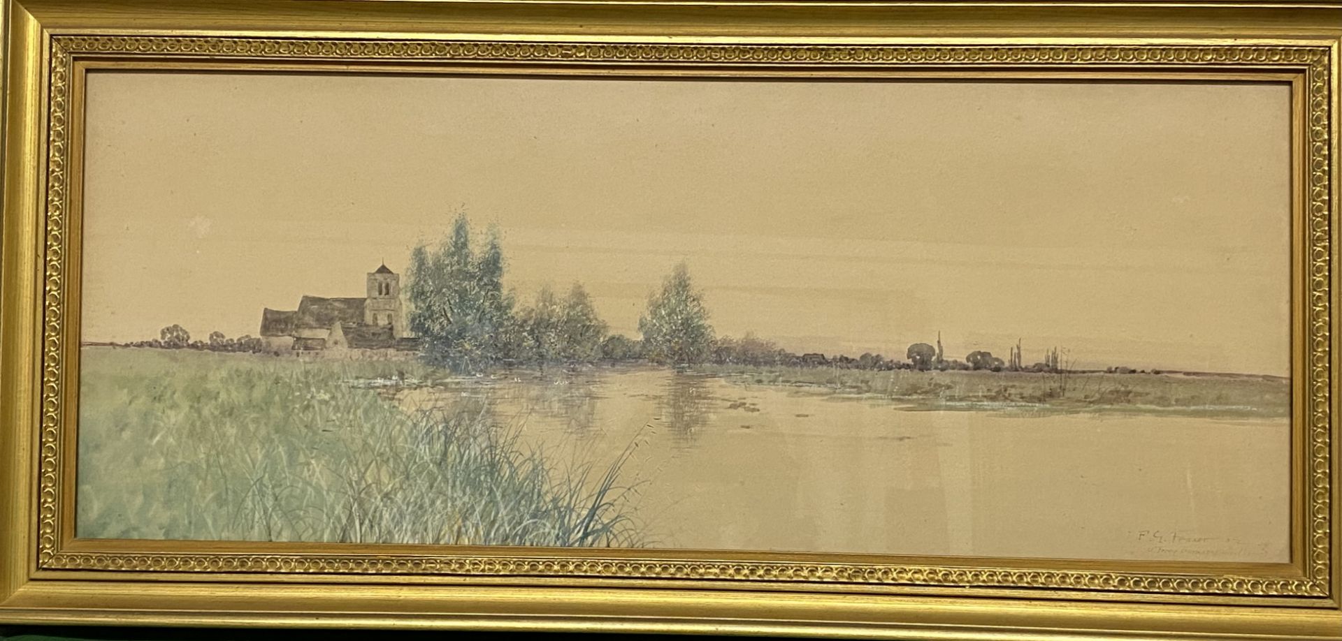 Framed and glazed watercolour of Hinksey on Thames