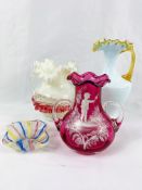 Cranberry glass vase together with other items of glass