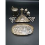 Two silver pin trays and other items of silver