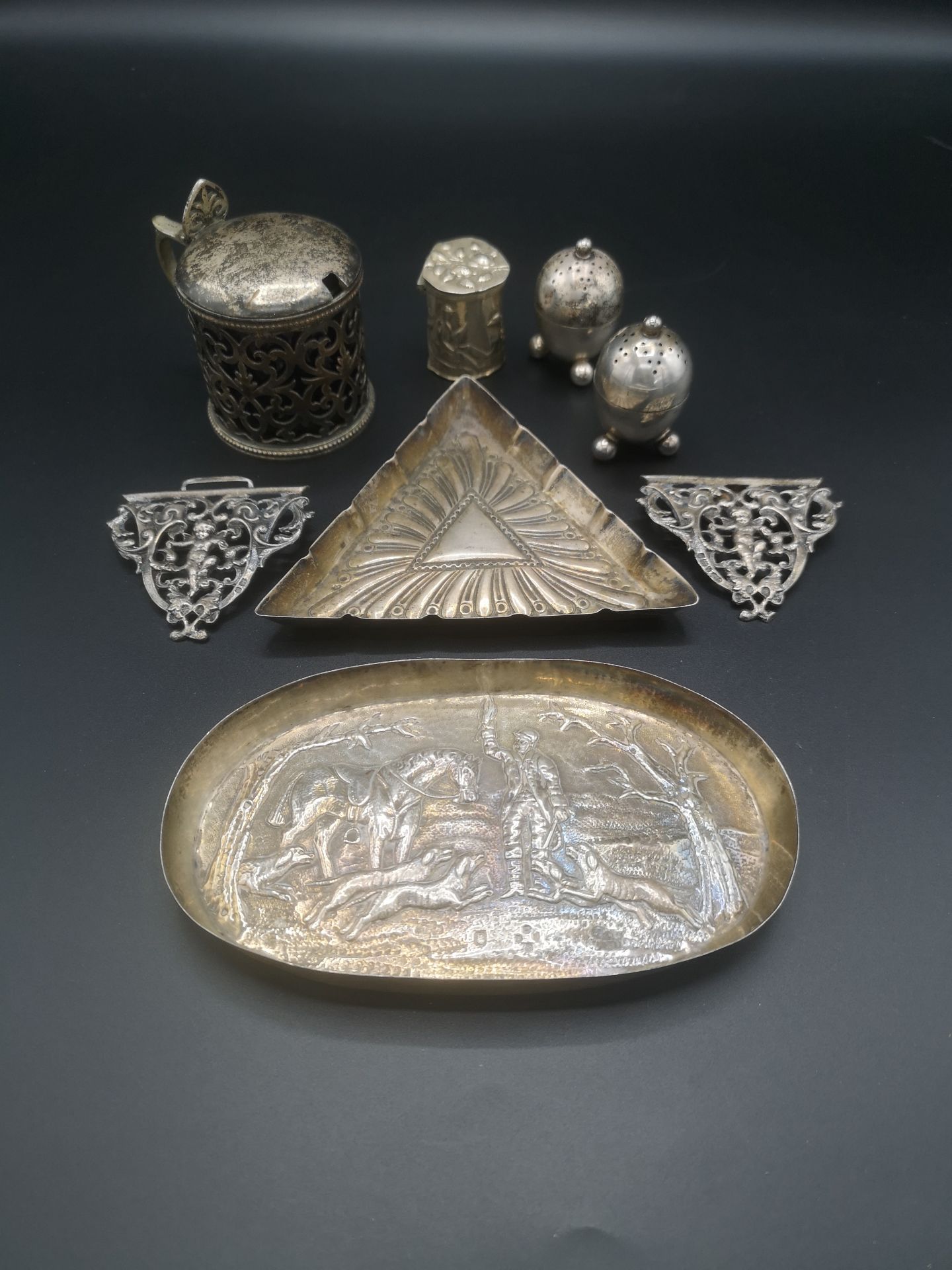 Two silver pin trays and other items of silver