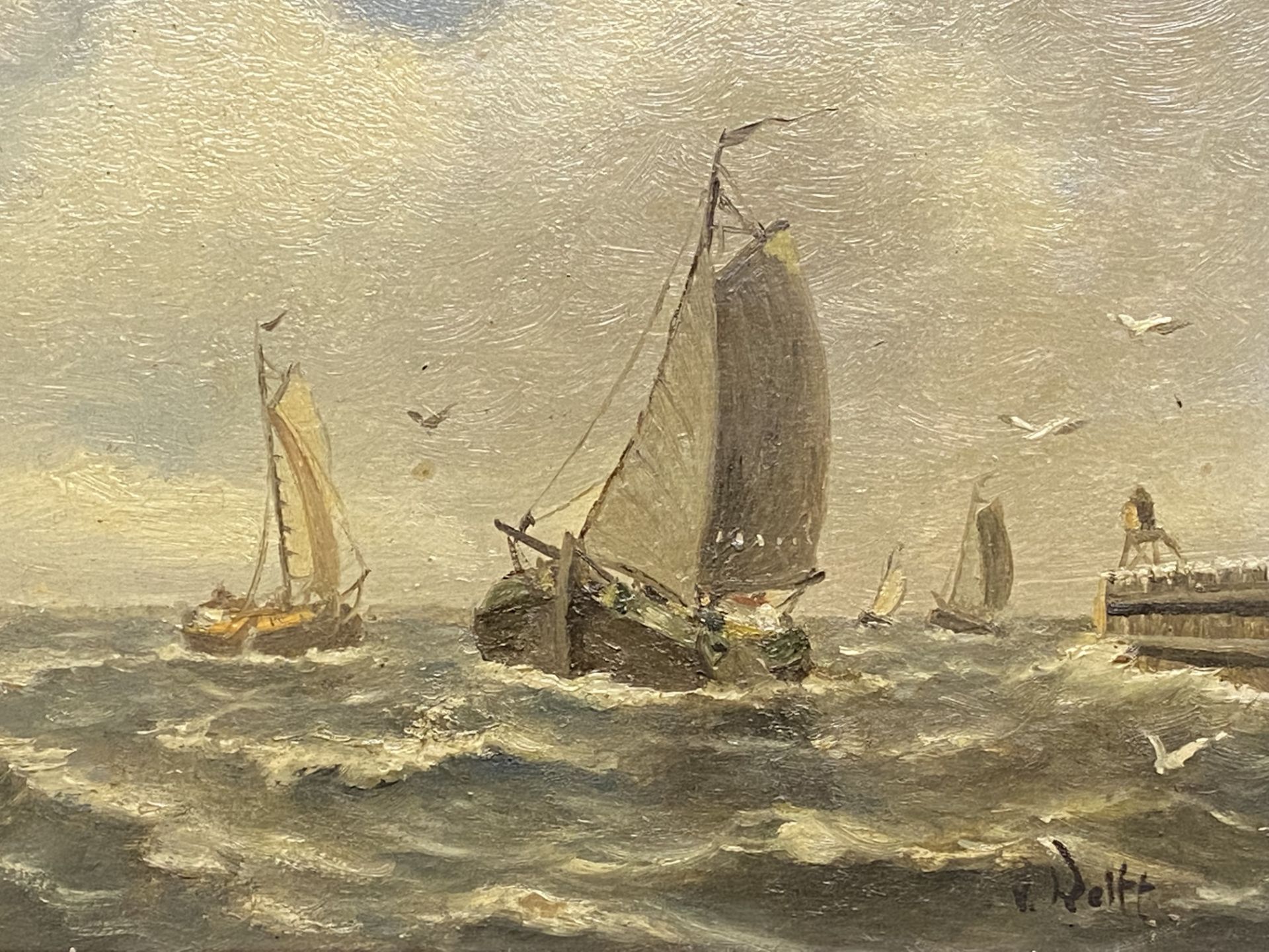 Oil on board of boats on a stormy sea - Image 2 of 5