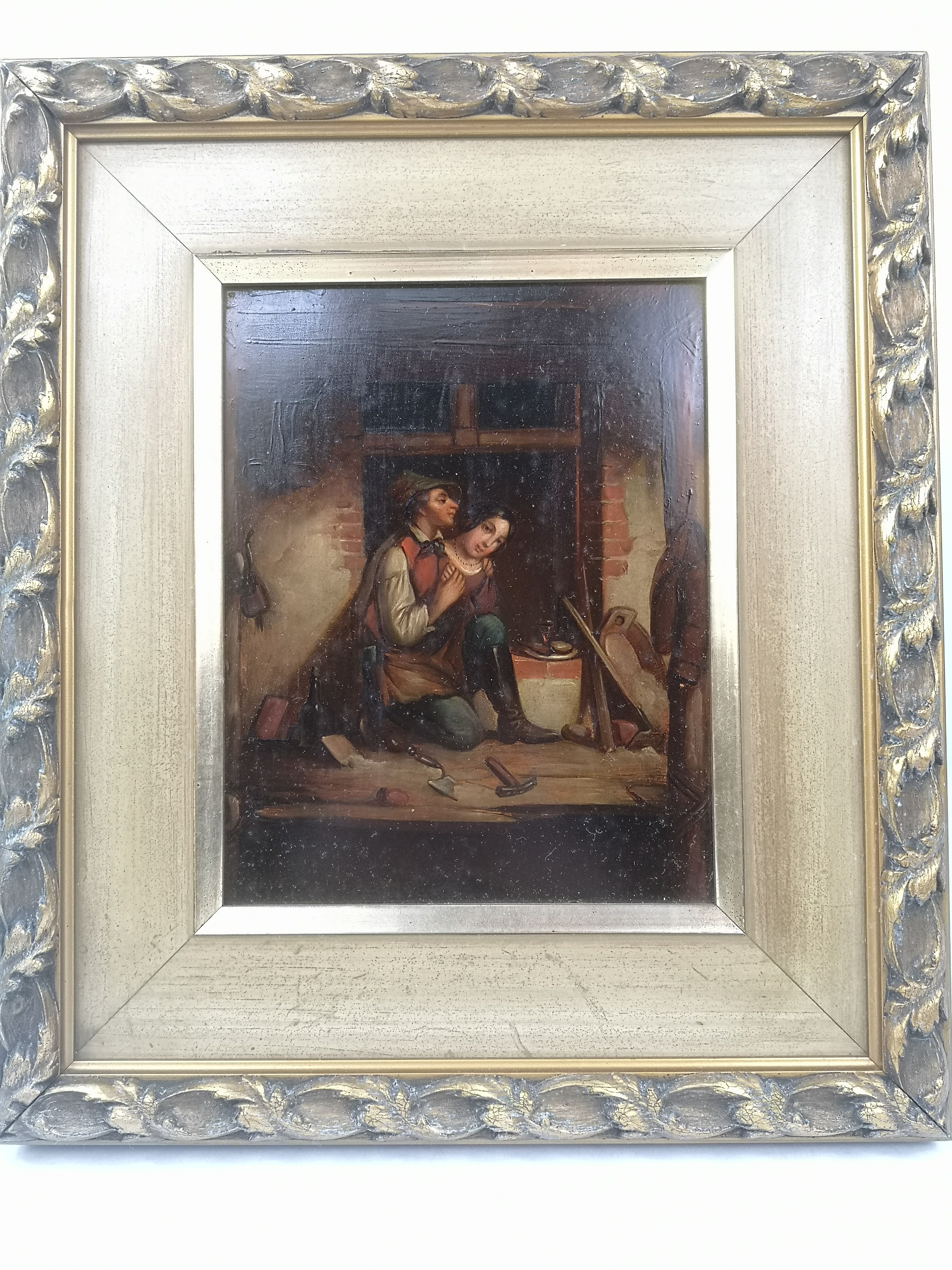 Oil on board of three man in an ale house; together with oil on board of a couple in period costume - Image 5 of 5