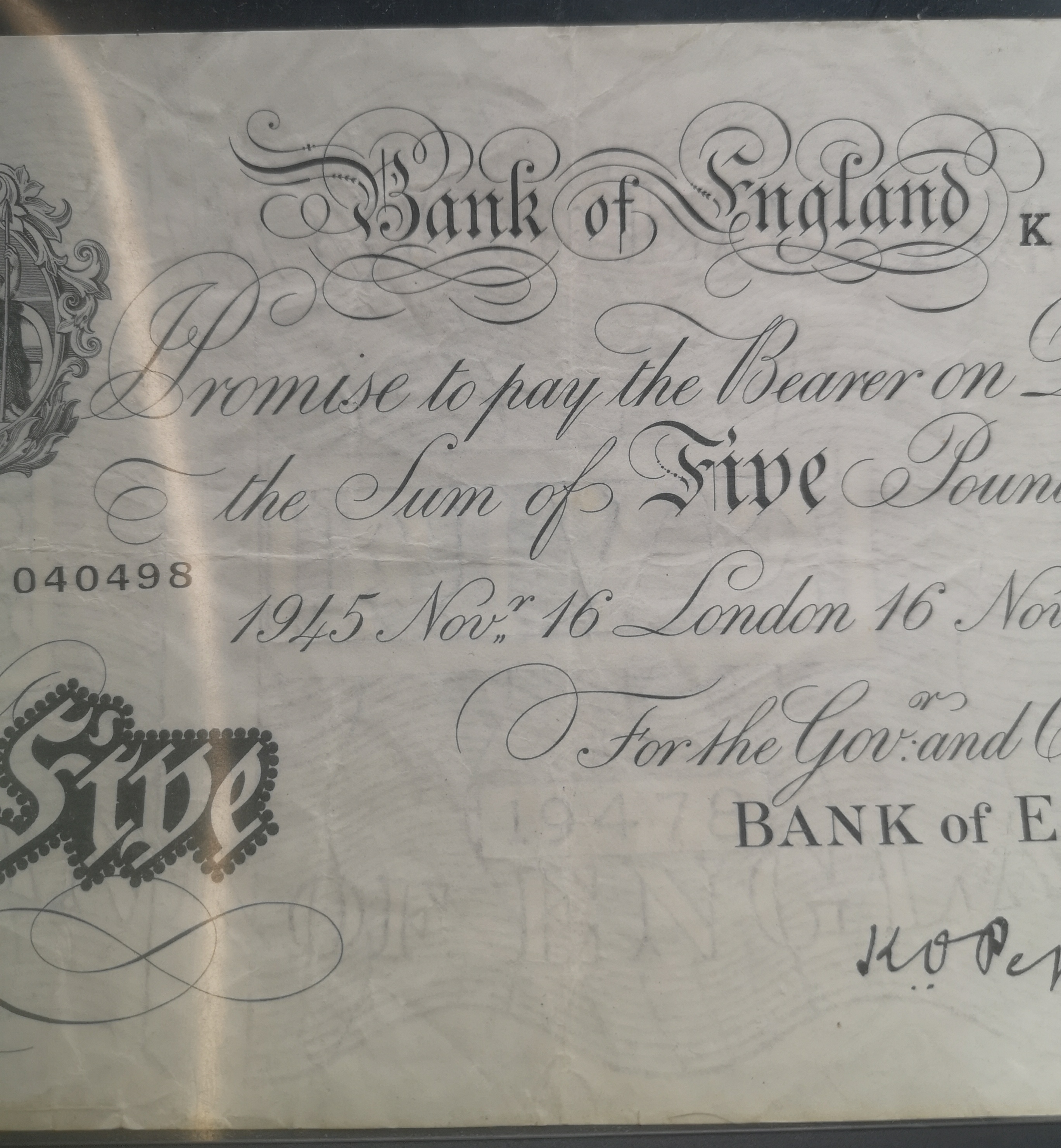 Bank of England £5 white bank note, 1945 - Image 3 of 5