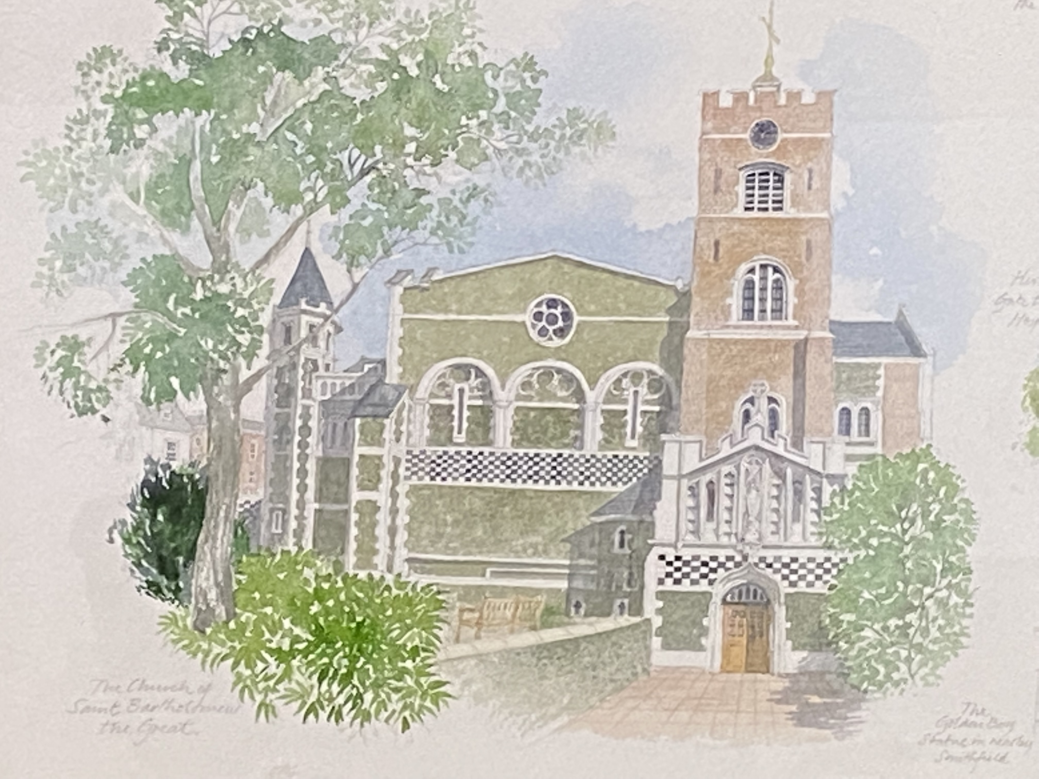 Watercolour of the Church of St. Bartholomew the Great - Image 3 of 5