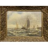 Oil on board of boats on a stormy sea