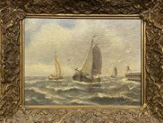 Oil on board of boats on a stormy sea