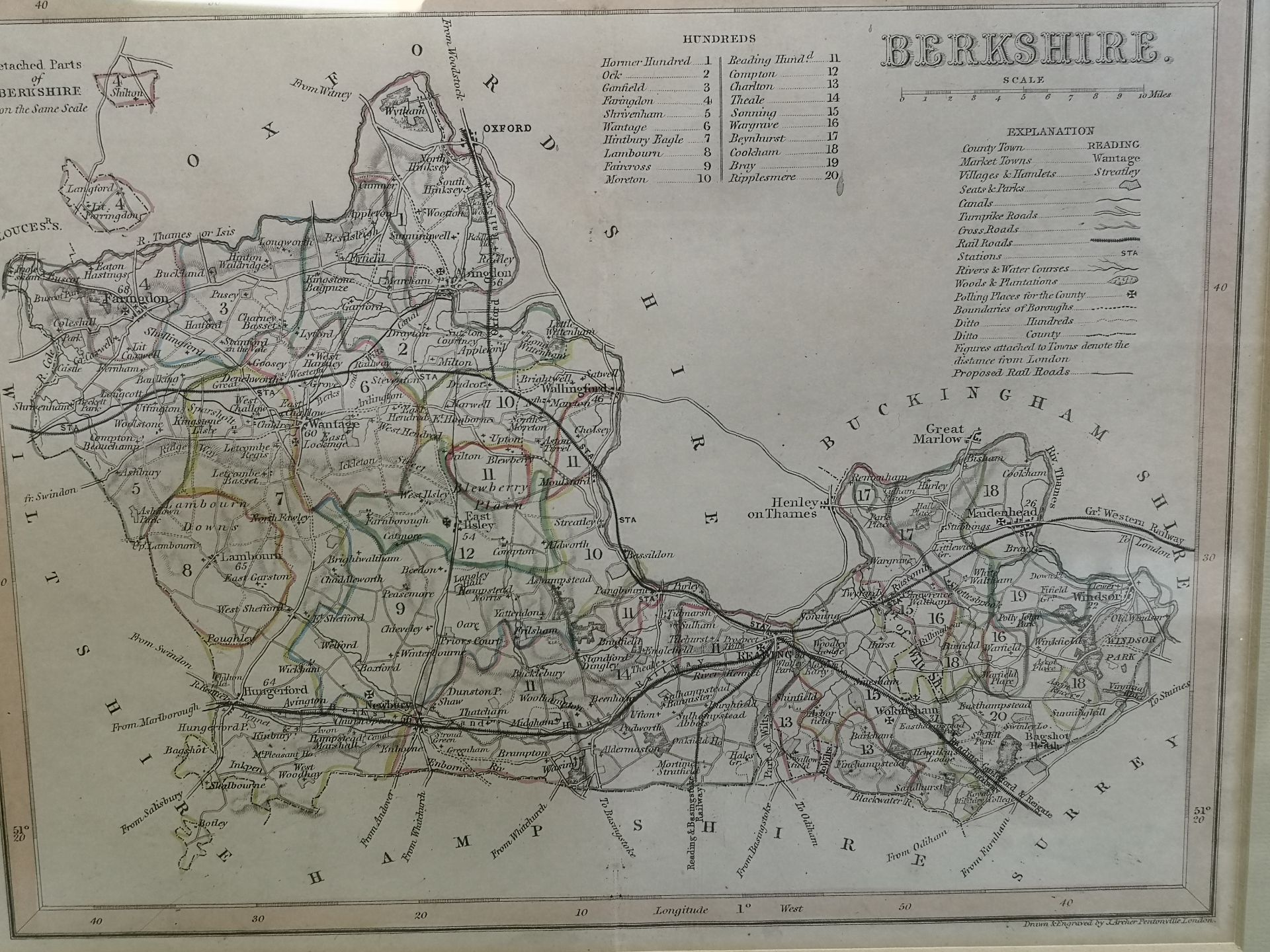 19th century hand coloured map of Berkshire]