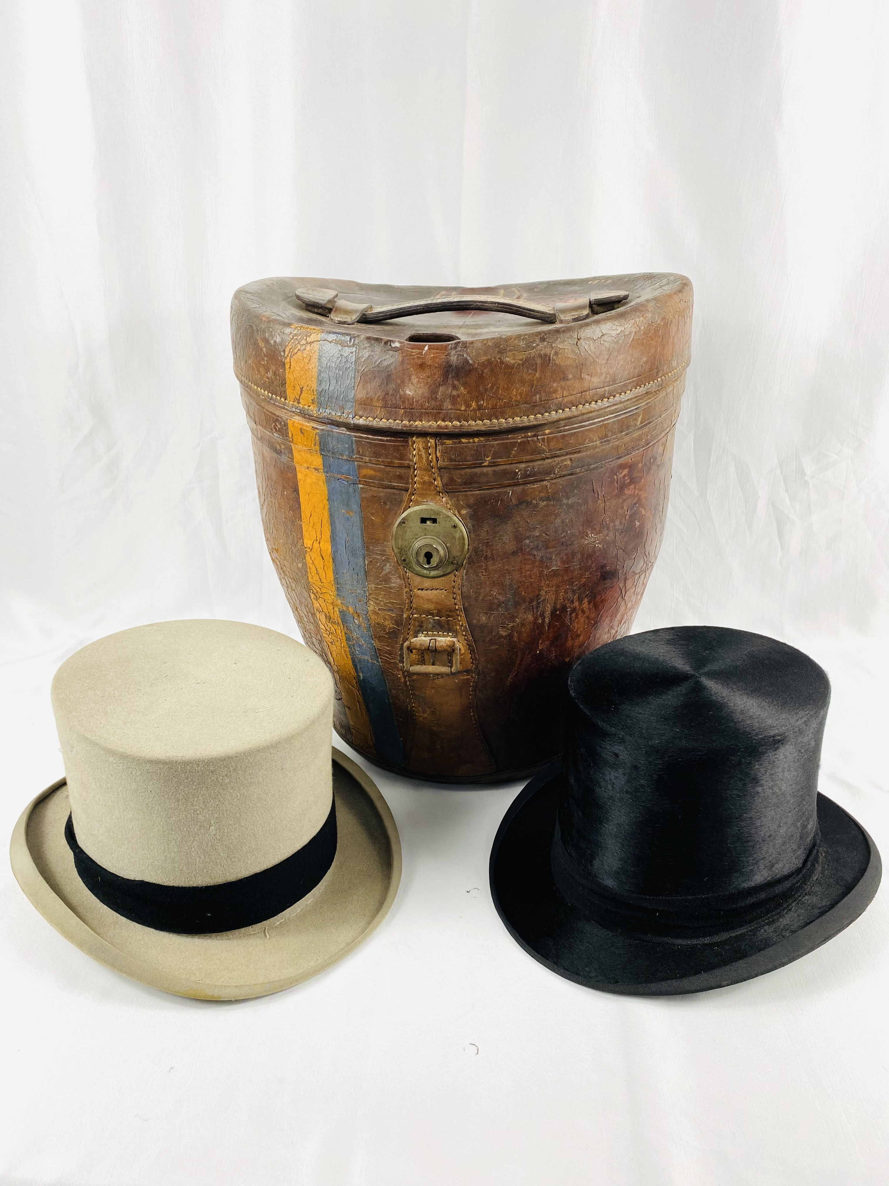 Leather double hat box with Dunn & Co silk top hat