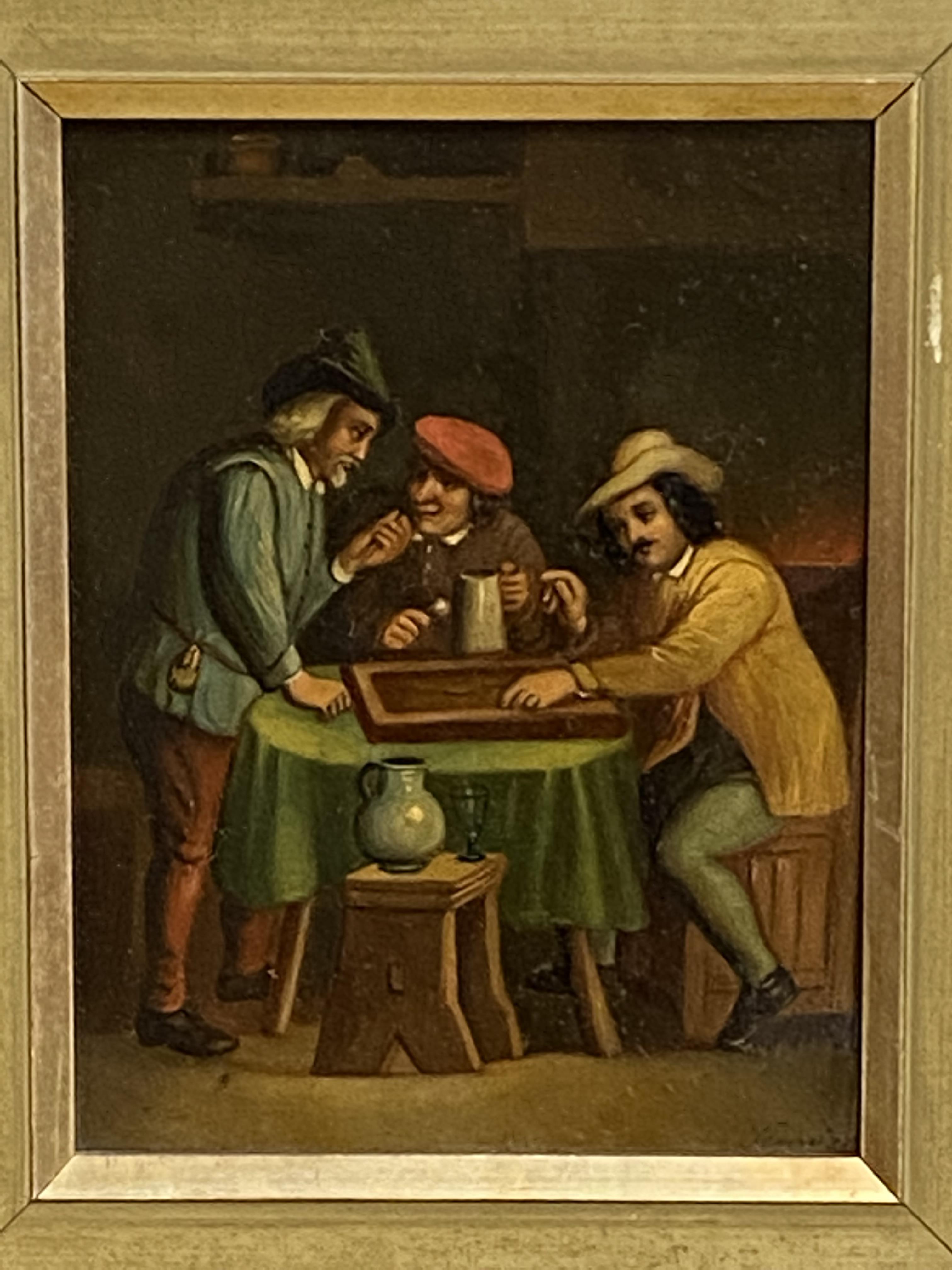Oil on board of three man in an ale house; together with oil on board of a couple in period costume - Image 3 of 5