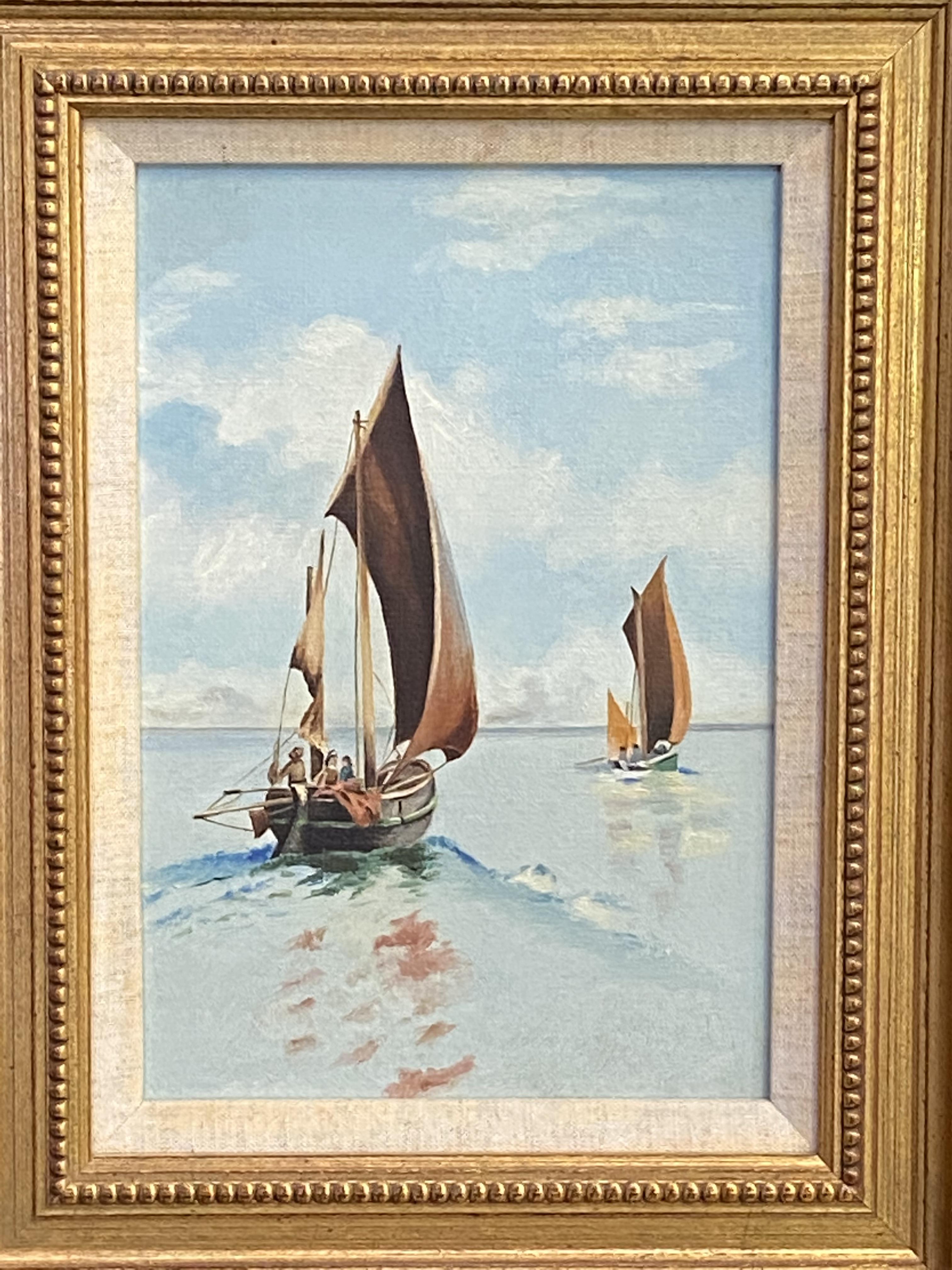 Framed oil on board of sailing ships