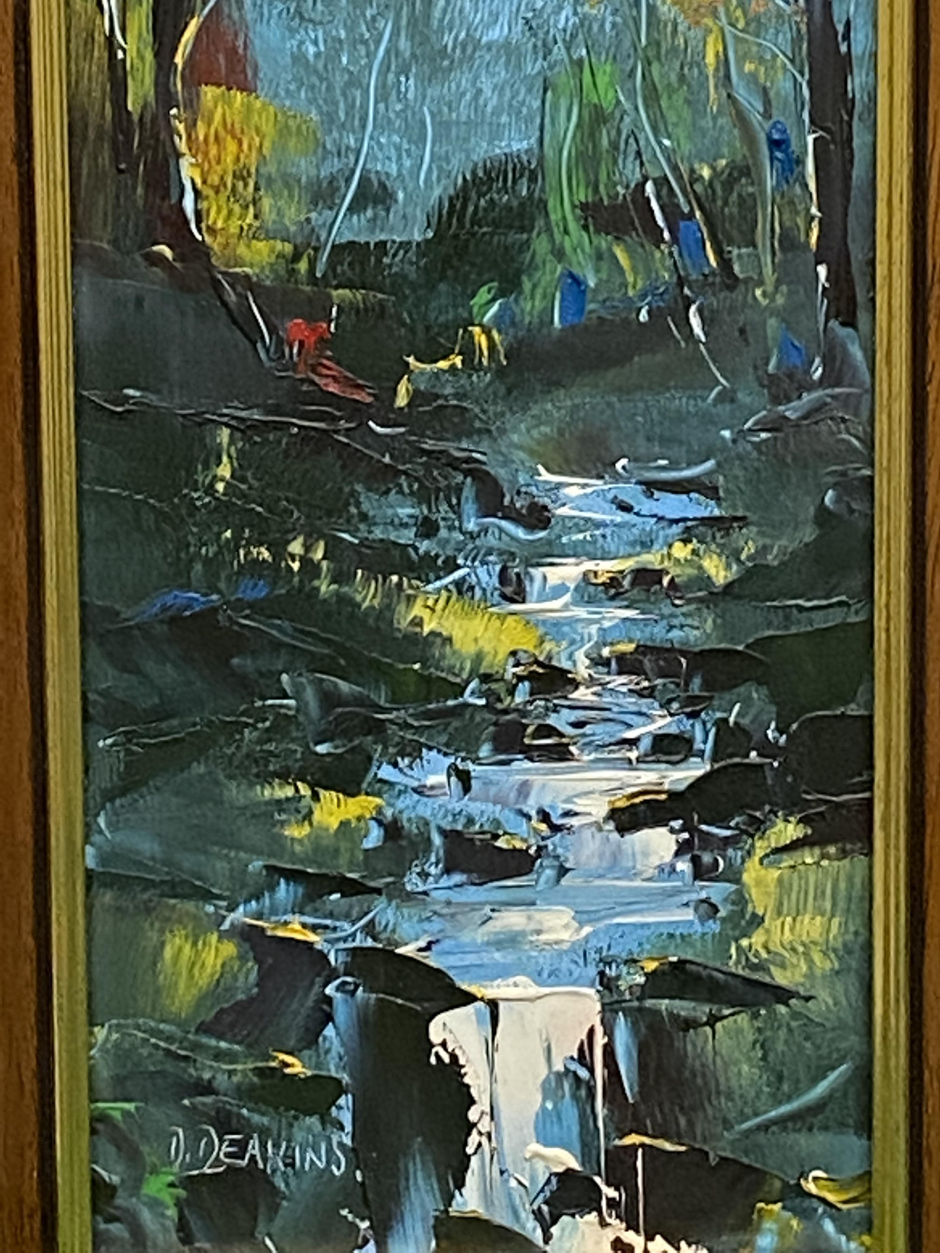 D. Deakins, framed oil on board of a waterfall - Image 4 of 4