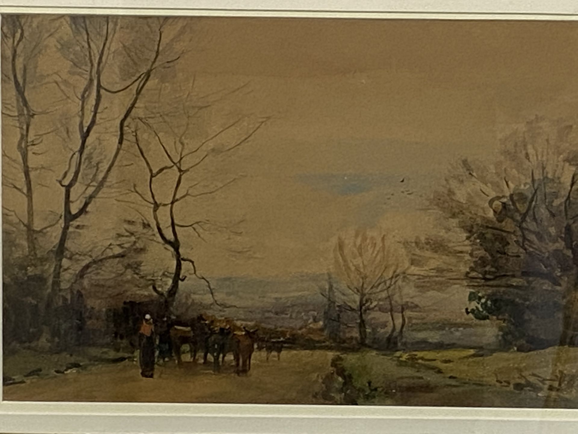 Framed and glazed watercolour of cattle