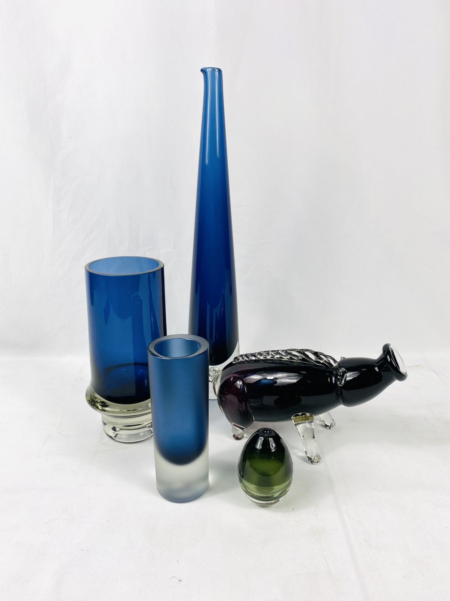 Three Scandinavian blue glass vases with other glass items - Image 4 of 4