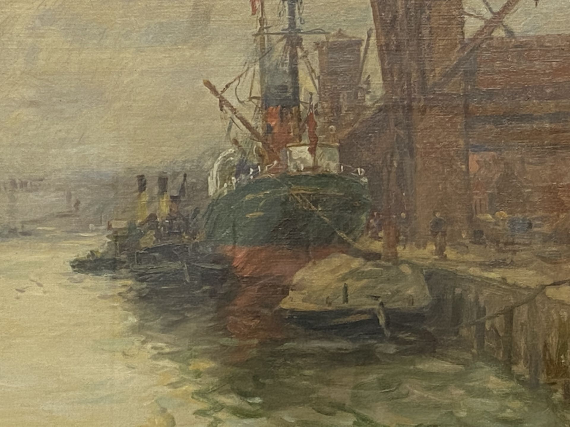 J. W. Gilroy (British) 20th century, oil on canvas of boats in dock - Image 2 of 6
