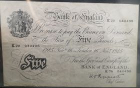 Bank of England £5 white bank note, 1945