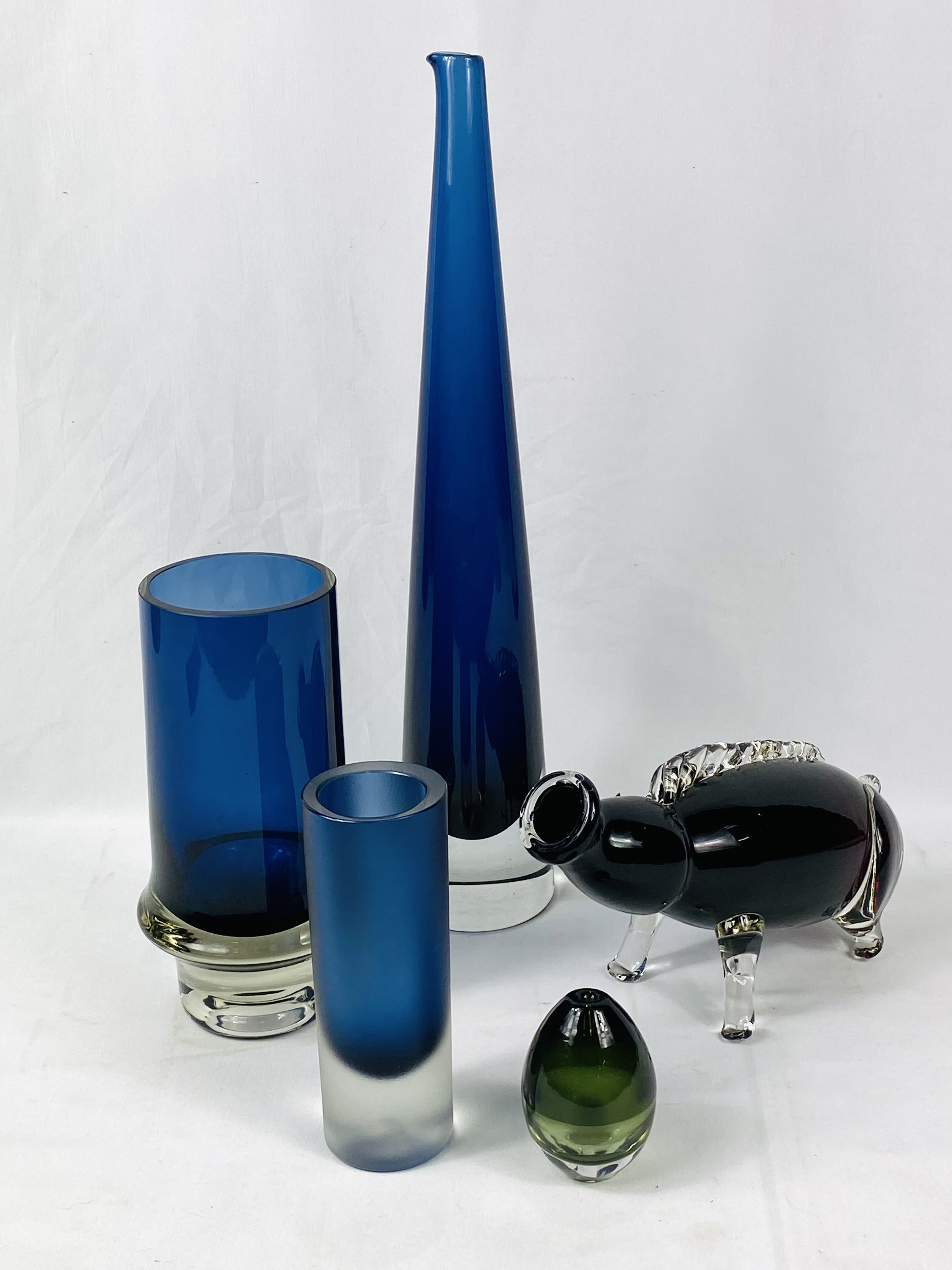 Three Scandinavian blue glass vases with other glass items