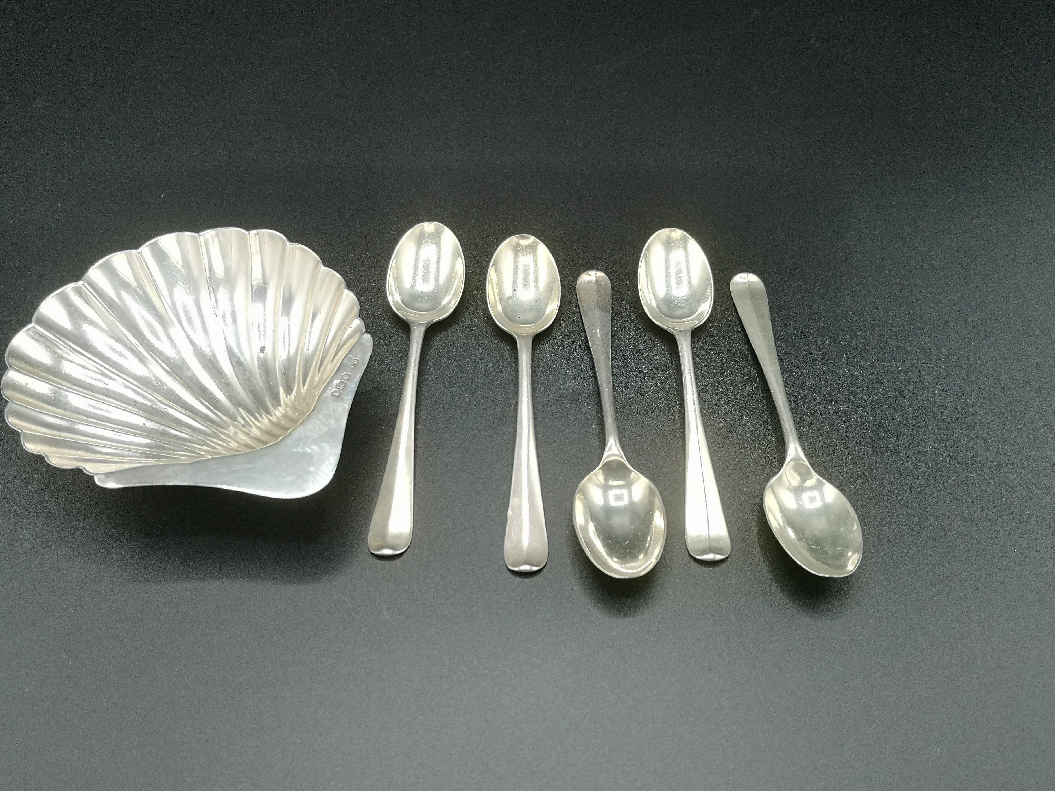 Five silver tea spoons and a silver shell shaped dish - Image 2 of 5