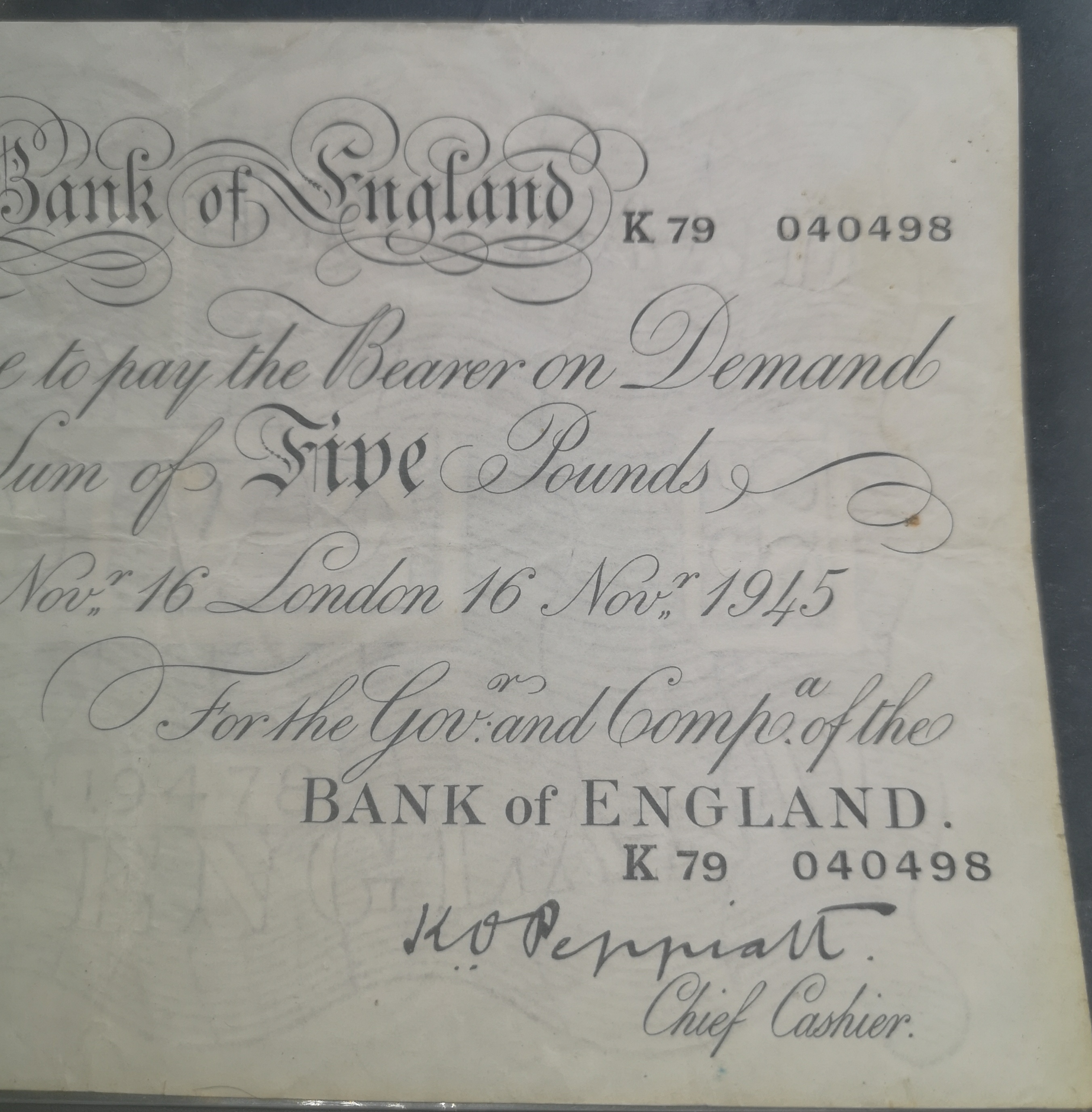 Bank of England £5 white bank note, 1945 - Image 4 of 5