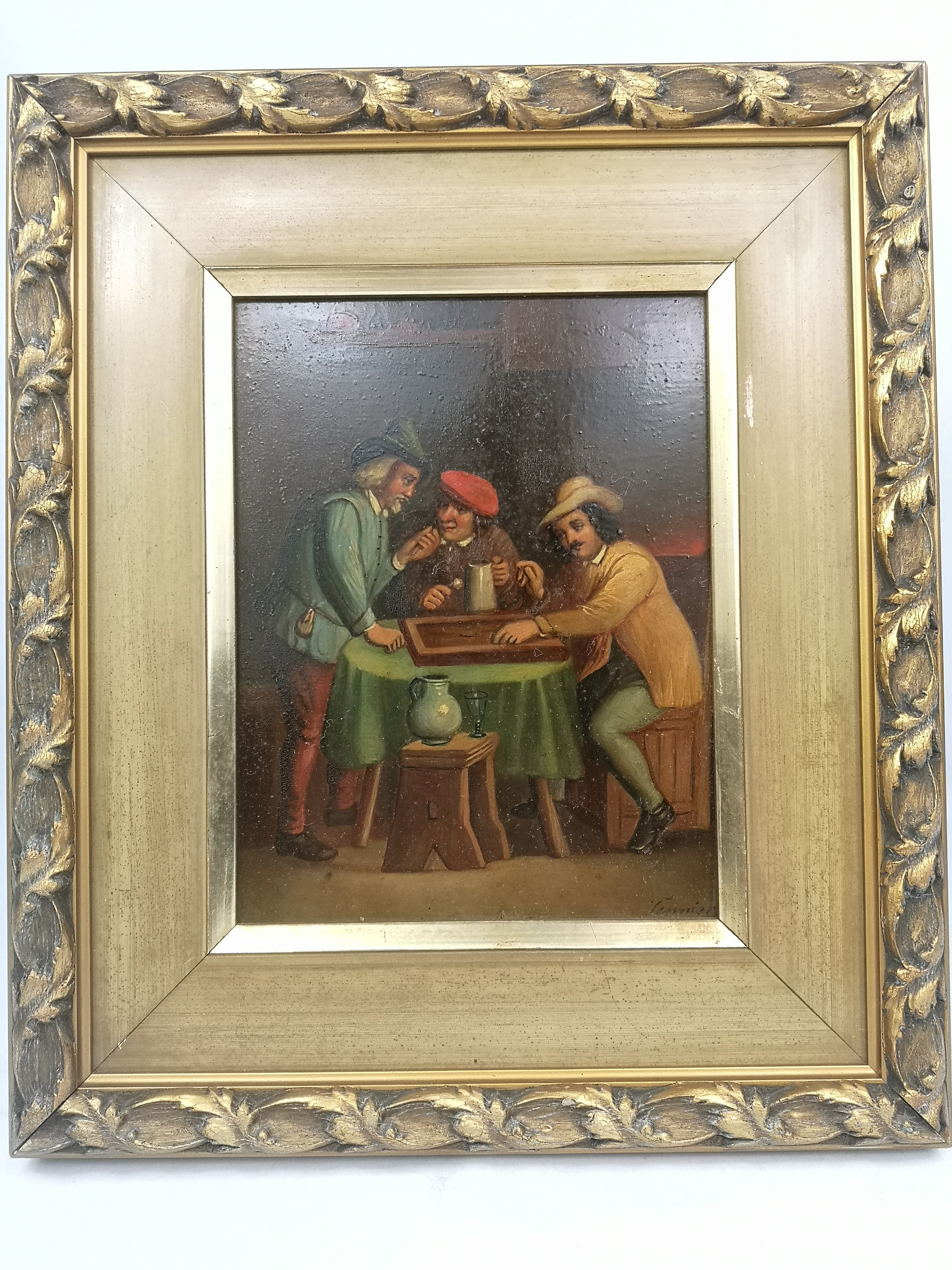 Oil on board of three man in an ale house; together with oil on board of a couple in period costume - Image 4 of 5