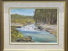 Framed oil on board of a waterfall by Fred Weiss