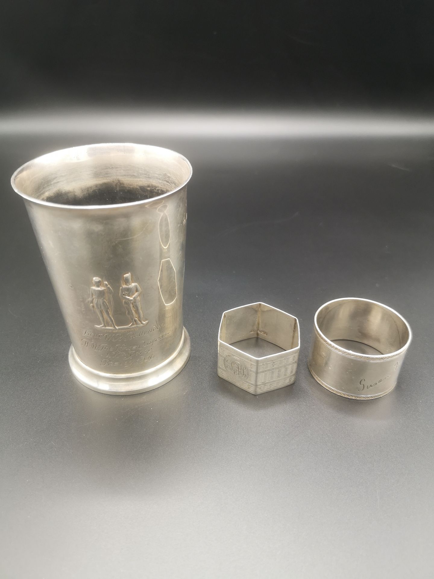 Elkington silver beaker, 1926 together with two silver napkin rings