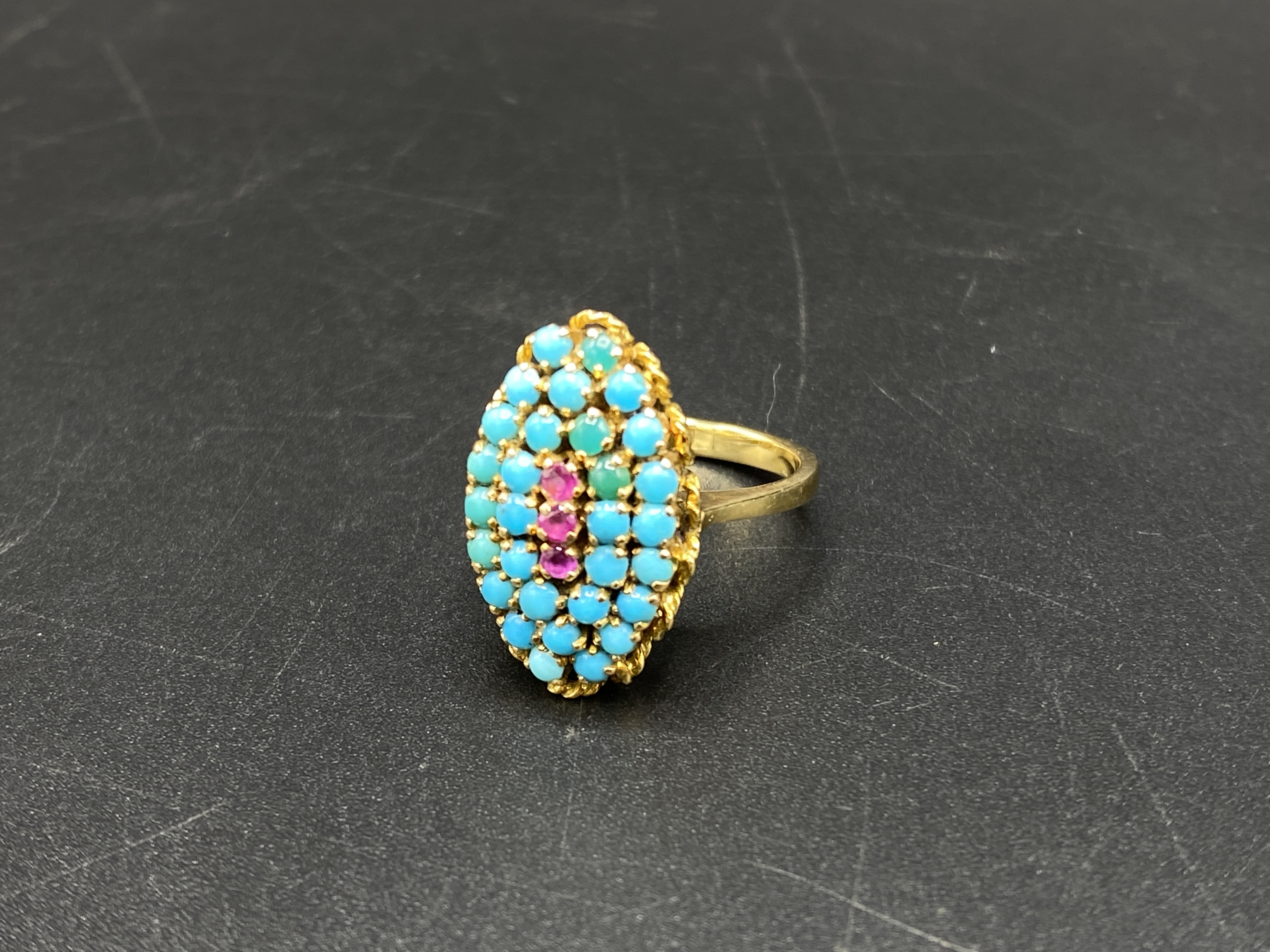 18ct gold, turquoise and ruby ring