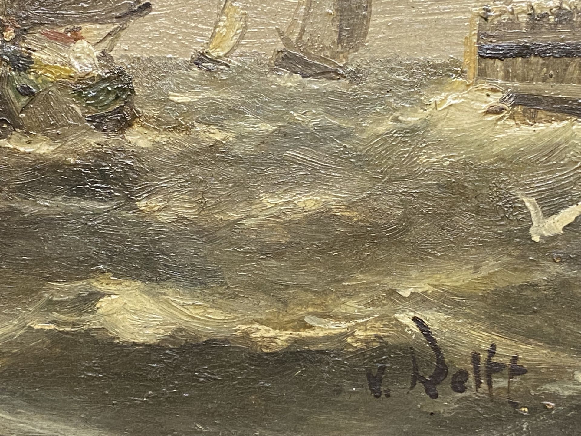 Oil on board of boats on a stormy sea - Image 3 of 5