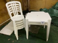 5 plastic stacking chairs and 2 four leg tables. This lot is subject to VAT.