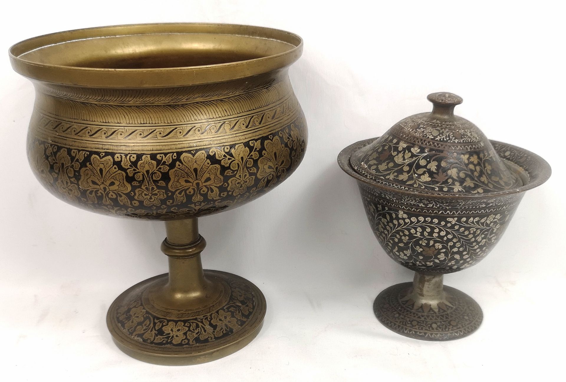 Middle Eastern brass bowl and white metal lidded dish