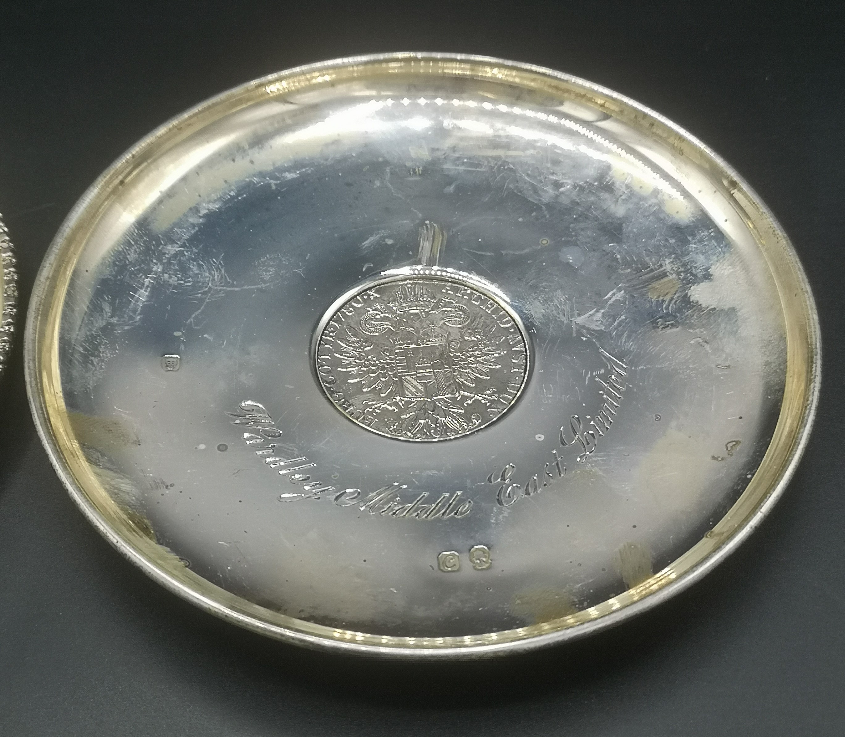 Two silver dishes with coins to centre - Image 3 of 6