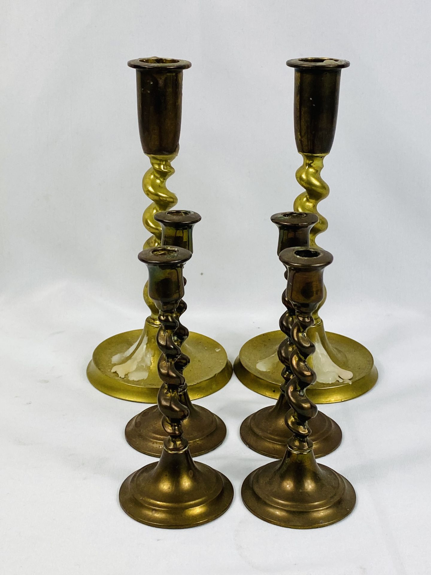 Three pairs of brass barley twist candlesticks - Image 2 of 3