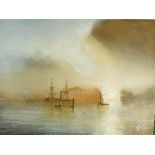 Oil on canvas of a steam ship on a calm sea