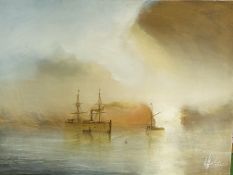 Oil on canvas of a steam ship on a calm sea