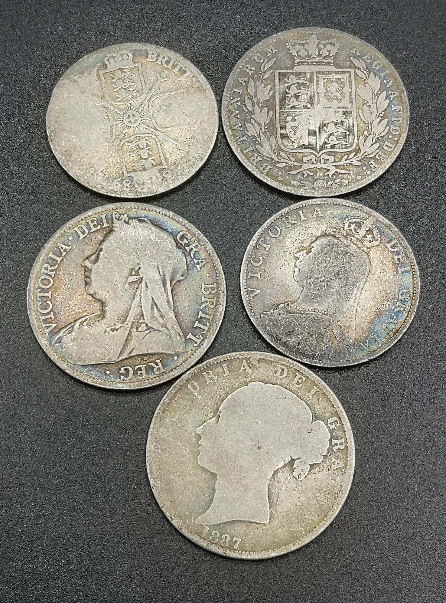 Three Queen Victoria half crowns and two florins