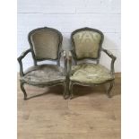 Pair of painted French Louis XIV open upholstered salon chairs