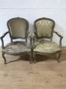 Pair of painted French Louis XIV open upholstered salon chairs