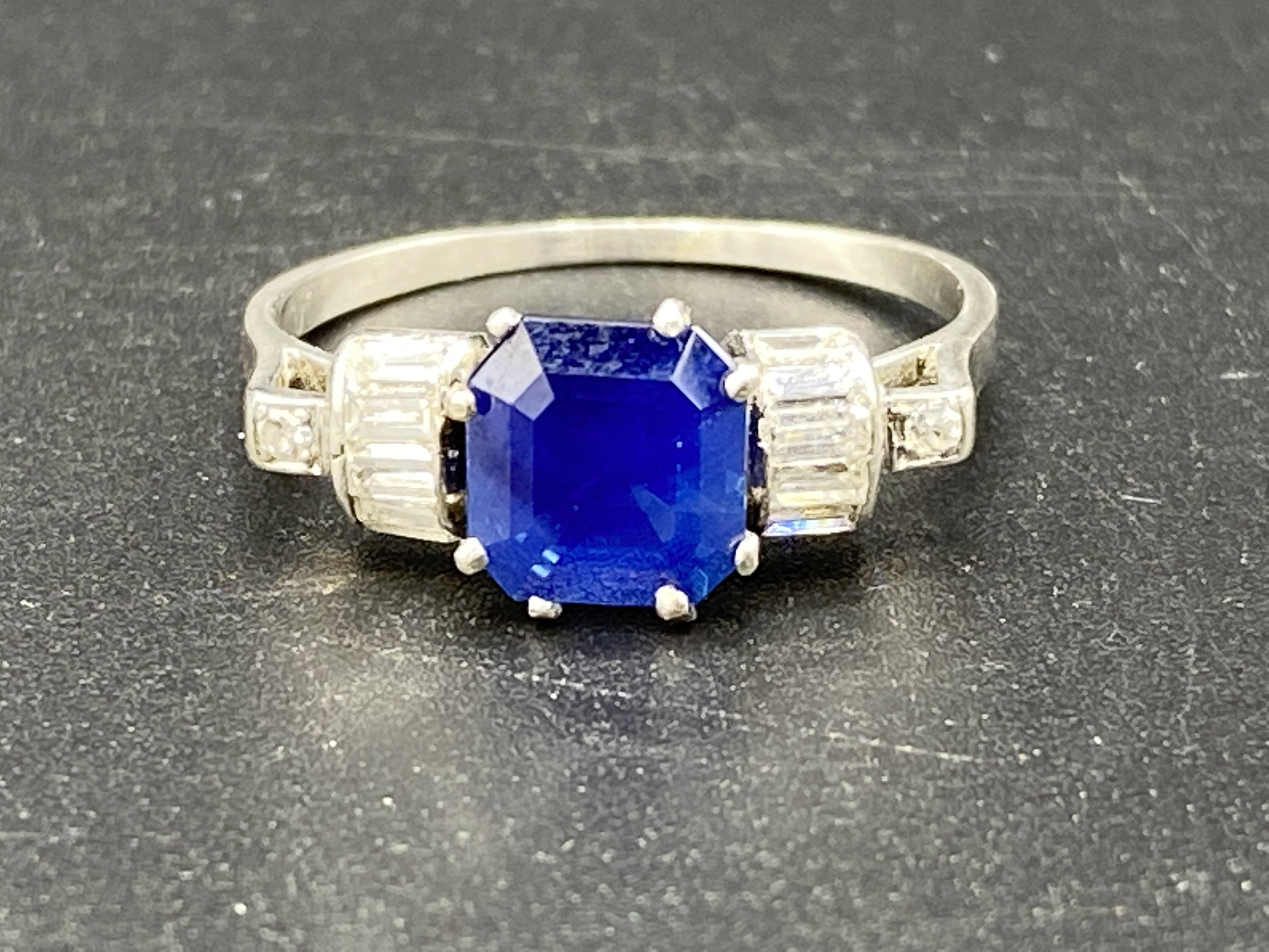 White gold, sapphire and diamond art deco style ring