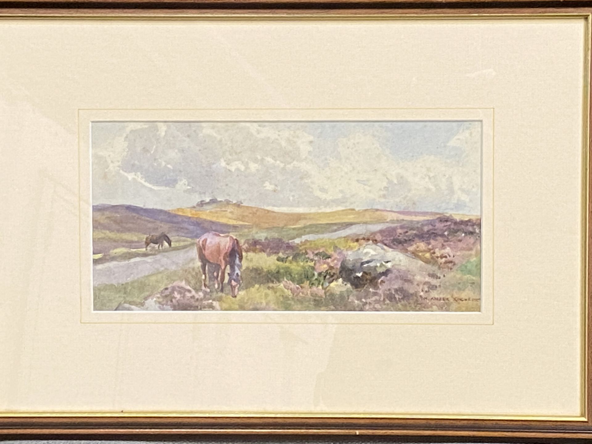 Framed and glazed watercolour of Dartmoor ponies - Image 3 of 4