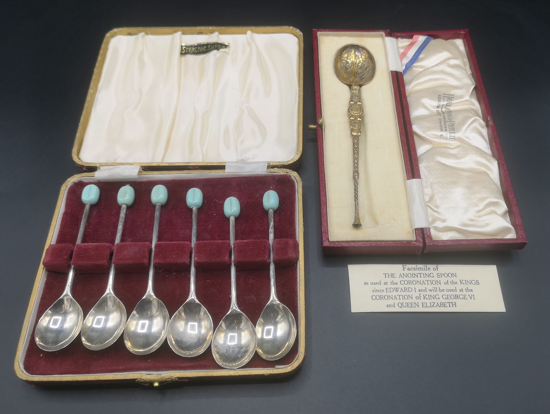 Boxed set of silver coffee spoons together with a silver gilt anointing spoon