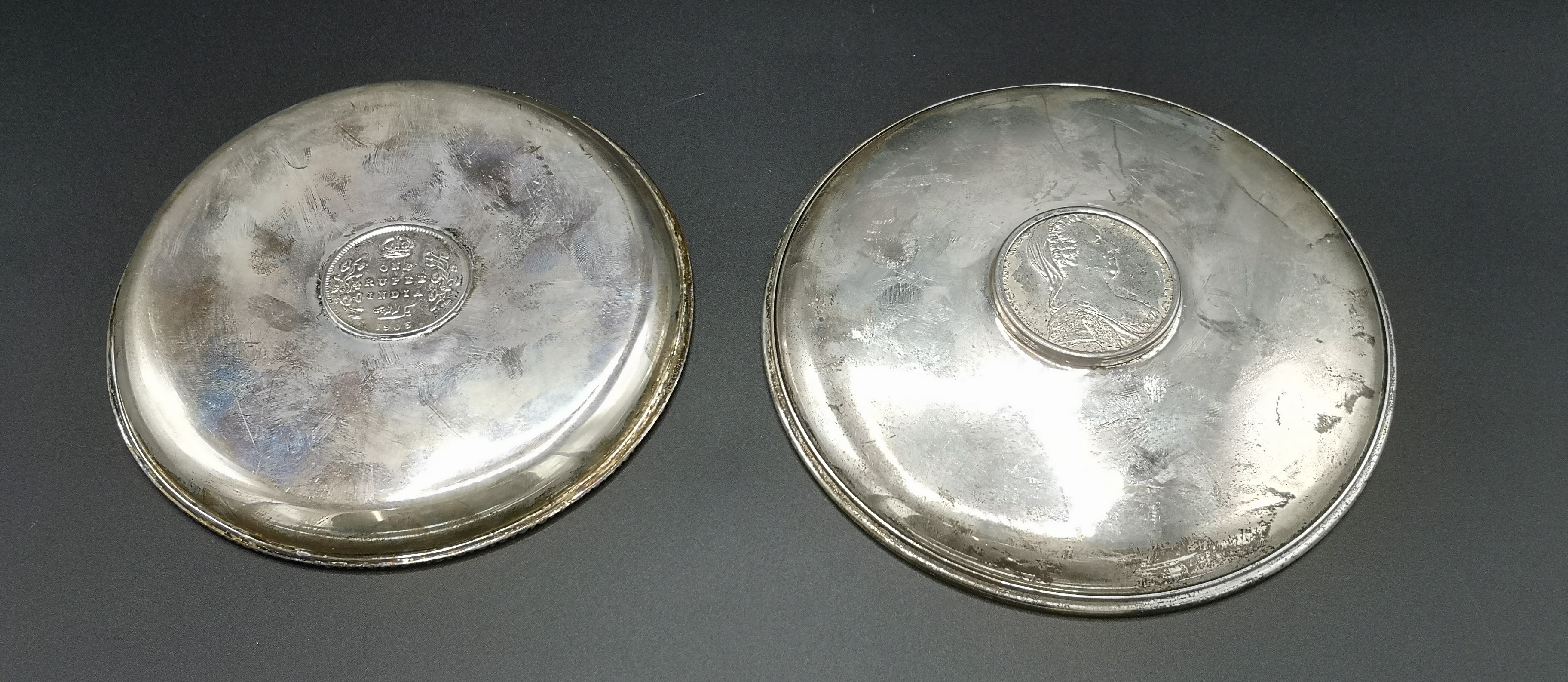 Two silver dishes with coins to centre - Image 6 of 6