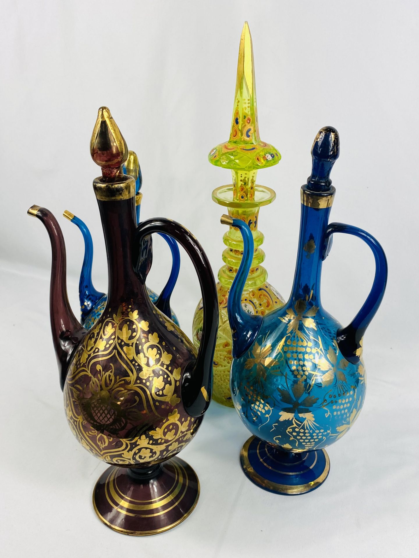 Three Persian rode water bottles together with a yellow glass decanter - Image 2 of 4