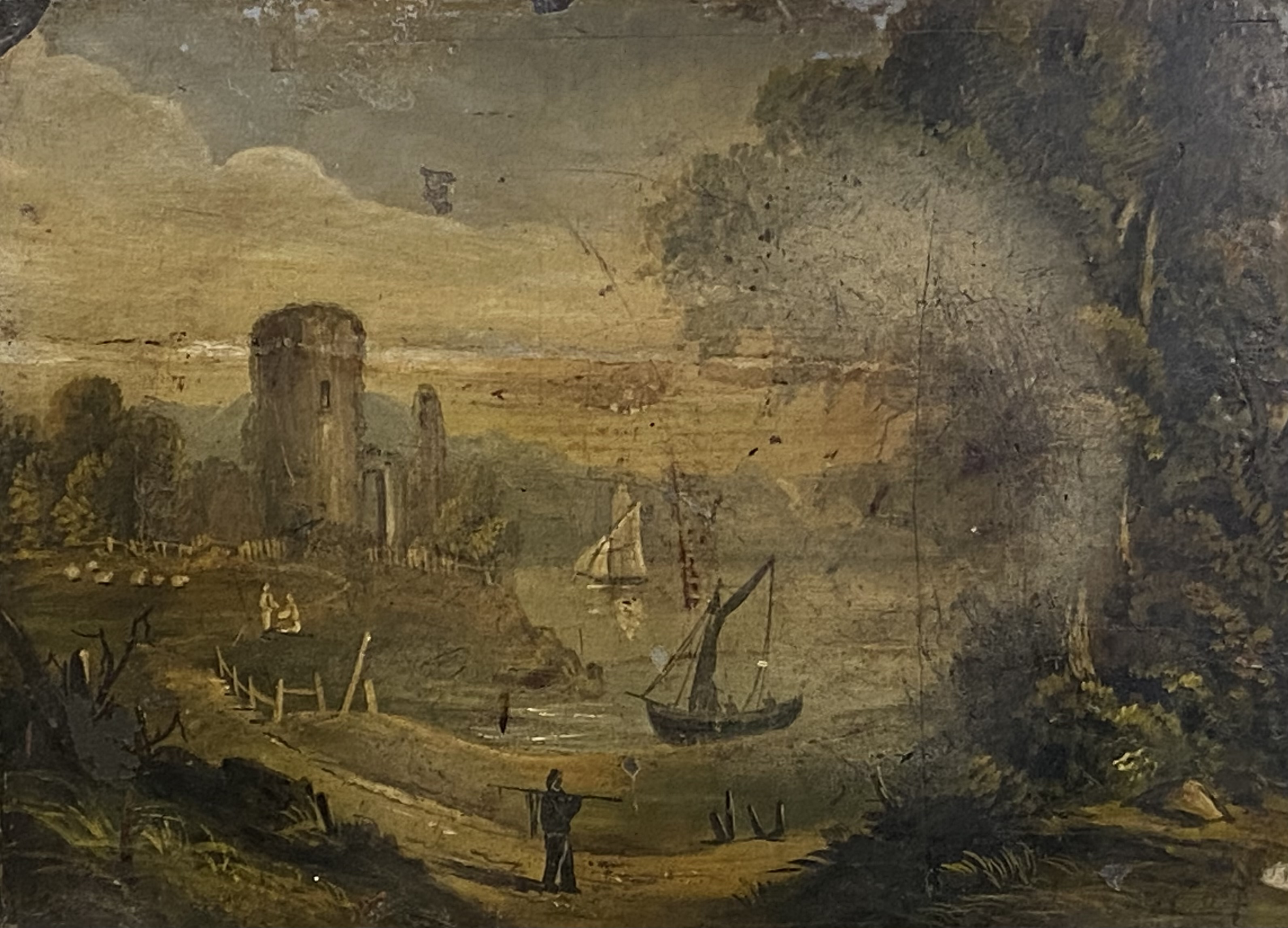 Paint on slate of a harbour scene