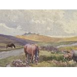 Framed and glazed watercolour of Dartmoor ponies
