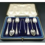 Set of six silver teaspoons and sugar tongs