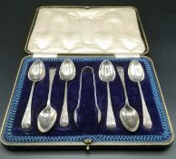 Set of six silver teaspoons and sugar tongs