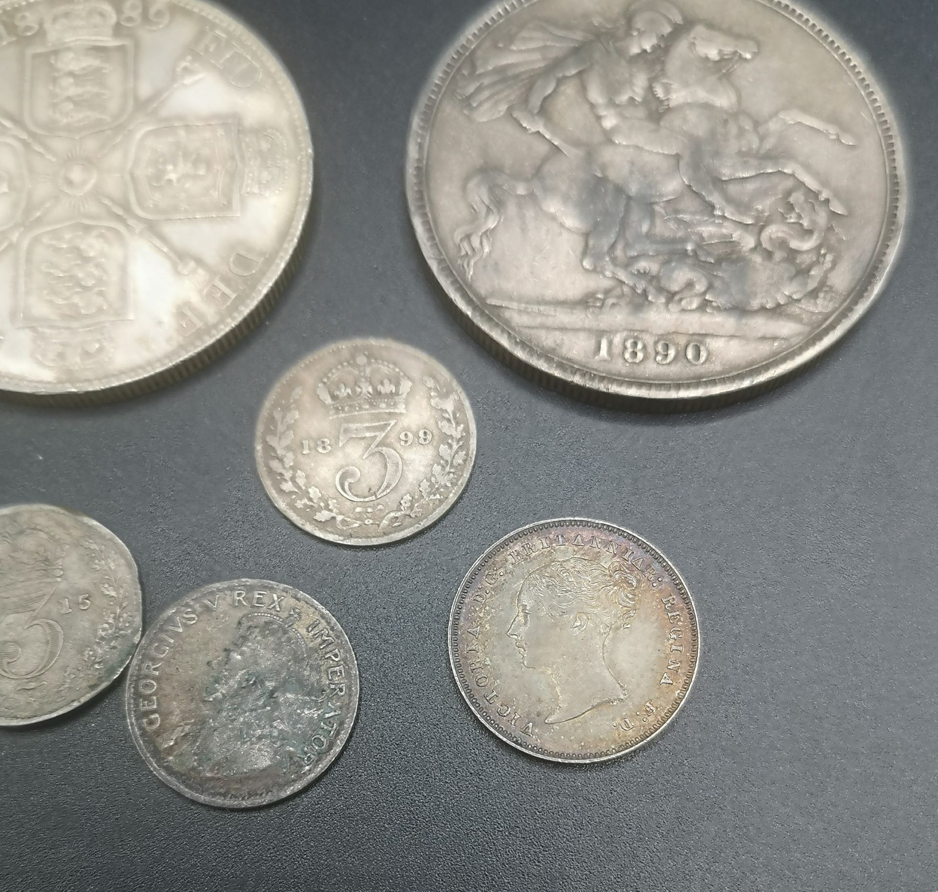Queen Victoria crown 1890, double florin 1889, and 4 other silver coins - Image 4 of 8
