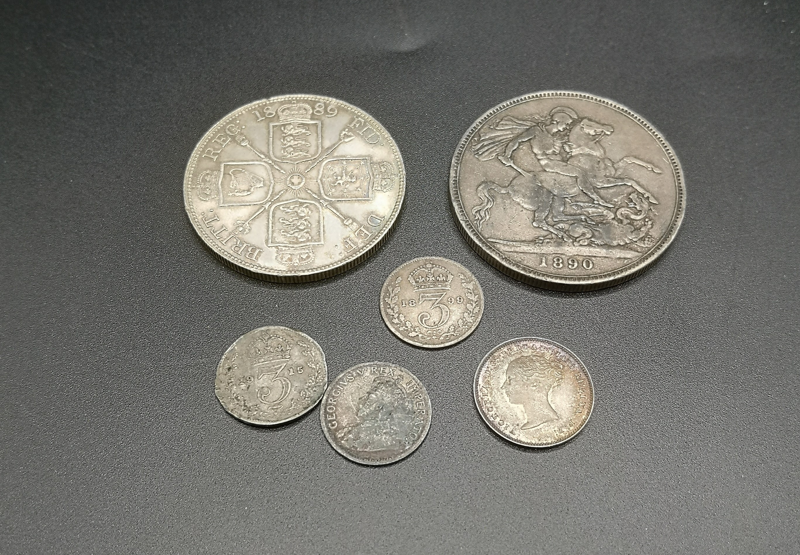Queen Victoria crown 1890, double florin 1889, and 4 other silver coins