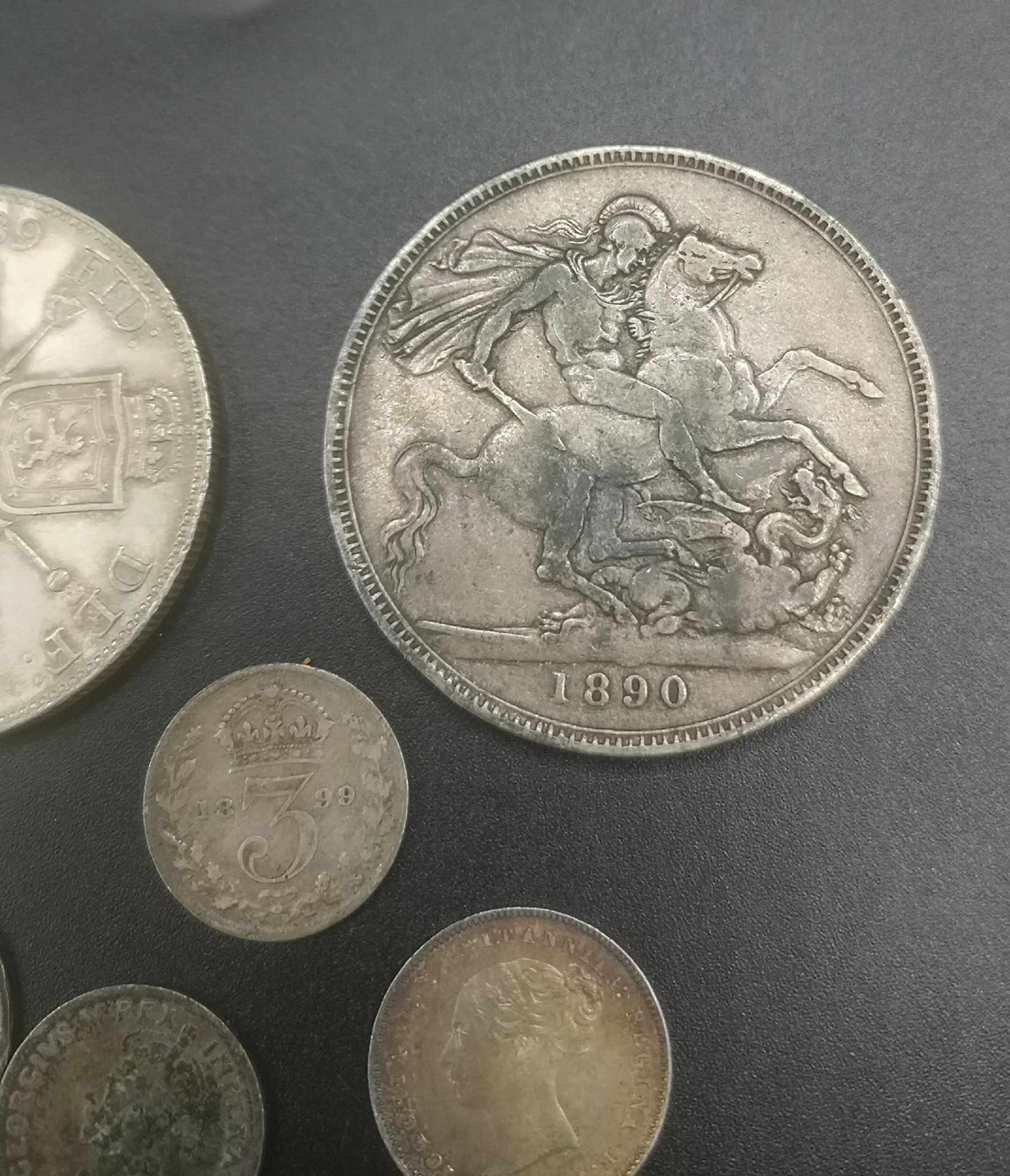 Queen Victoria crown 1890, double florin 1889, and 4 other silver coins - Image 3 of 8