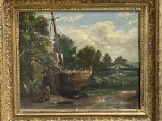 Framed oil on board of a boat